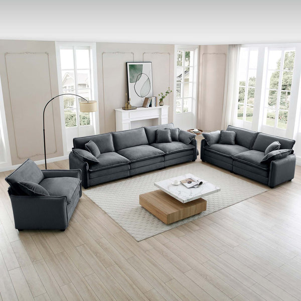 English Elm 3 Piece Comfortable Oversized Sectional Sofa Set – Plush Grey Corduroy With Memory Foam Cushions W714S00747