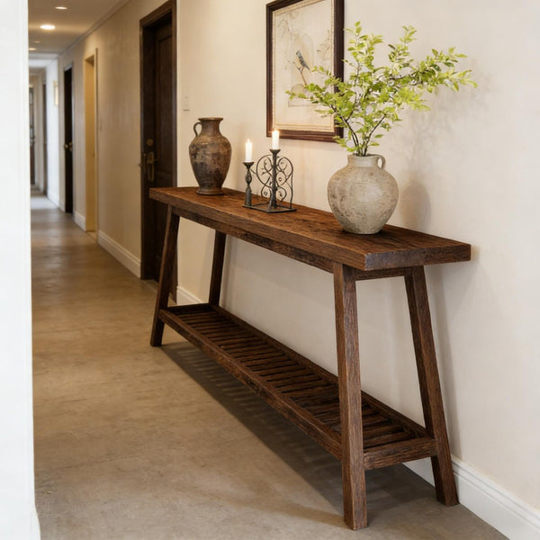 English Elm Hall Console Table Industrial Rustic Two Tier Wood Tone Metal Frame Entryway Sofa Brown T3971P451358