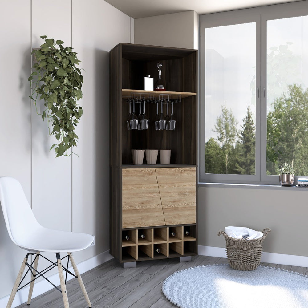 English Elm Fraktal Corner Bar Cabinet with Wine Rack Open Shelves Dark Oak Pine Wood B200S00407