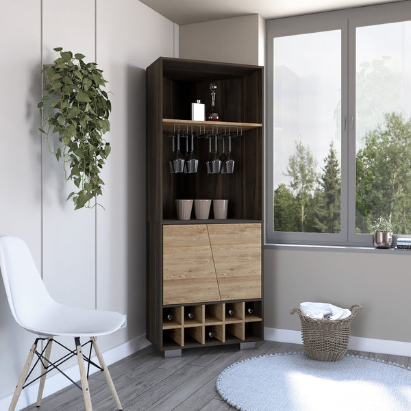 English Elm Fraktal Corner Bar Cabinet with Wine Rack Open Shelves Dark Oak Pine Wood B200S00407