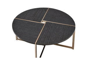 English Elm Bromia Round Black Wood Top Coffee Table with Champagne X-Shape Metal Legs — Modern Occasional Accent B2726P281464
