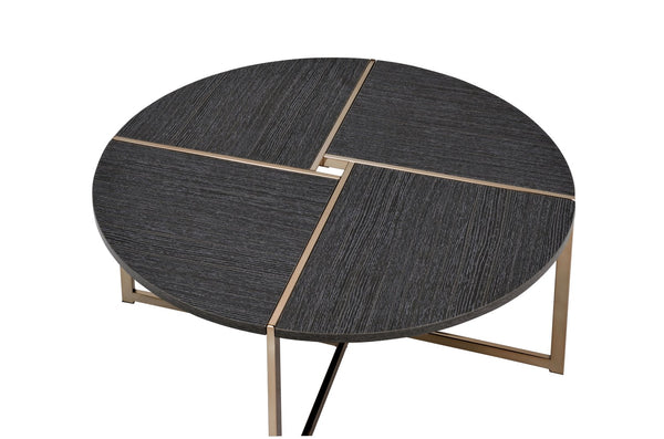 English Elm Bromia Round Black Wood Top Coffee Table with Champagne X-Shape Metal Legs — Modern Occasional Accent B2726P281464