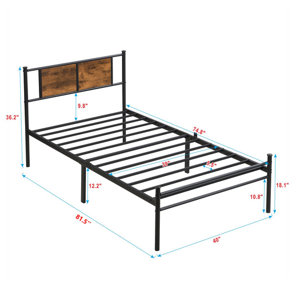 English Elm Twin XL Metal Bedframe with Wood Panel Headboard, Black-Brown, Sturdy 10.8" Storage, Quiet Design W2297P291428