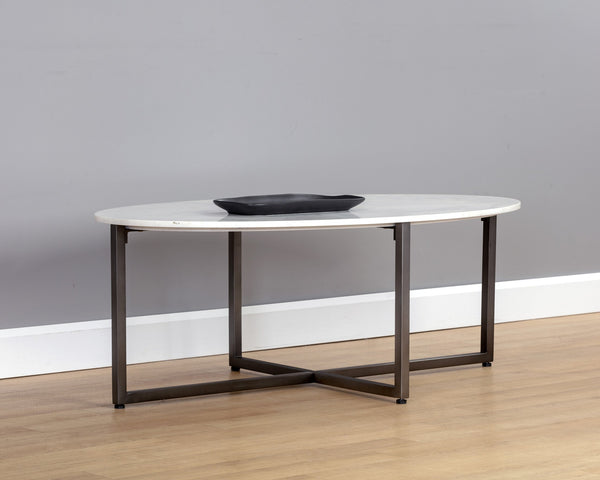 Sunpan Kiara Coffee Table - Elegant White Marble Top with Gunmetal Base, Modern Minimalist Design for Your Home Oval - 47W x 27.5D x 17H