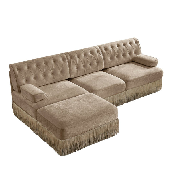 English Elm 3-seater Velvet Modular Sectional Sofa with Button Tufting Tassel Skirt Living Room Camel W714S01697