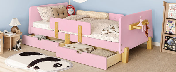 English Elm Twin Low Profile Kids Floor Bed Pine Wood Frame with Safety Rail and Built in Bookshelf W1580P373242