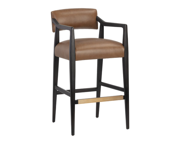 Sunpan Keagan Bar Stool - Mid-Century Design with Dark Brown Oak Frame and Artisan Leather Craftsmanship Shalimar Tobacco Leather
