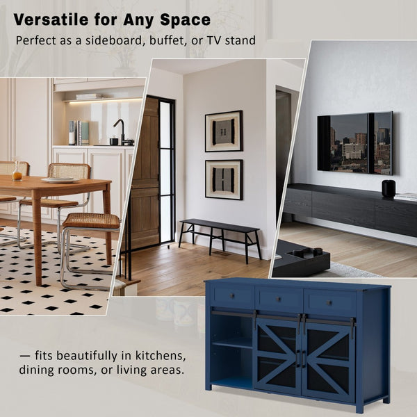English Elm U_style Industrial Sideboard with Sliding Barn Doors Iron Mesh Panels and Three Drawers Navy Blue N711P347384V