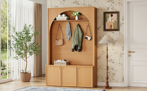 English Elm On-trend Farmhouse Hall Tree Arched Cabinet Storage Bench with Golden Hooks Mudroom Natural N721S000080D
