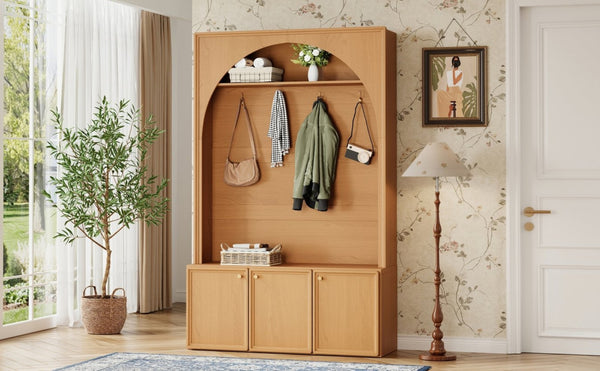 English Elm On-trend Farmhouse Hall Tree Arched Cabinet Storage Bench with Golden Hooks Mudroom Natural N721S000080D