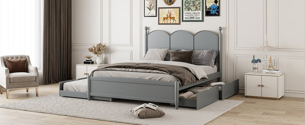 English Elm Queen Size Platform Bed With Trundle & 2 Large Drawers - Elegant Gray Storage Solution For Bedrooms N820S00025E-GIGA