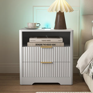 English Elm Nightstand with Usb Charging Ports Ac Outlet Night Light and Cabinet for Bedroom W1321P399421