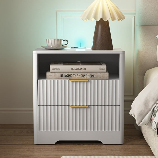 English Elm Nightstand with Usb Charging Ports Ac Outlet Night Light and Cabinet for Bedroom W1321P399421