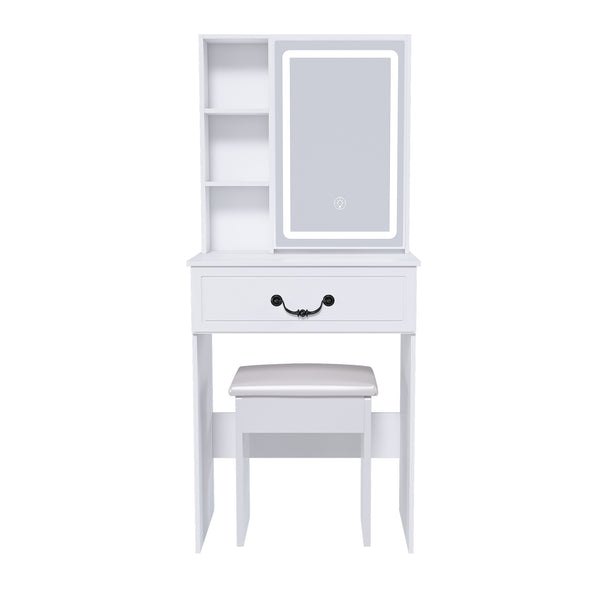 English Elm Modern Mini Dressing Table LED Vanity with Adjustable 3-Mode Brightness, Hidden Storage & Stool (White) W2699P296516