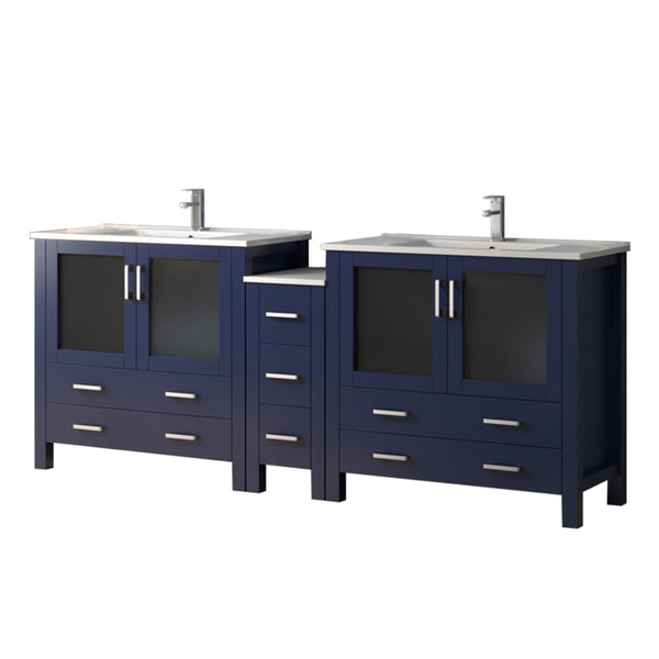 English Elm Navy Double Bath Vanity 84" W x 18.25" D with Side Cabinet, White Ceramic Top, Chrome Faucet Set, Soft-Close Storage B2731S01174