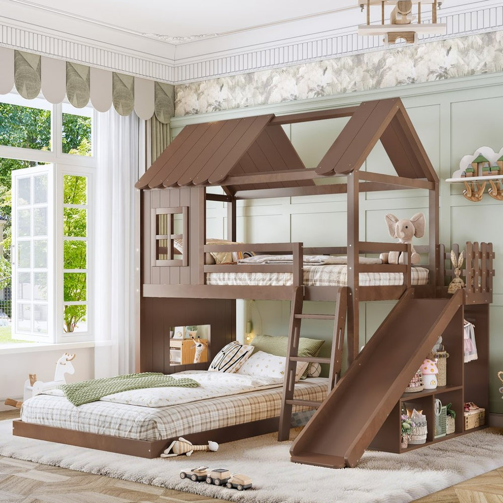 English Elm Twin Over Full Playhouse Bunk Bed with Slide Ladder Storage Shelves and Wardrobe Antique Natural W5305S00041