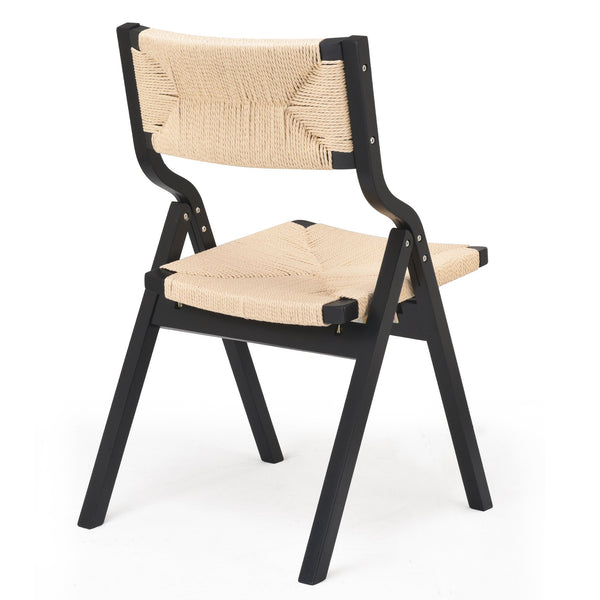 English Elm Wood Foldable Dining Chair Set of 2 with Woven Rattan Seat, Teak Finish, Comfortable Padded Design Black,Natural T3623P380477