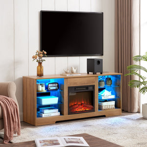 English Elm TV LED Fireplace TV Stand with Bluetooth LED Lights, Remote, USB Charging & Ample Storage, 58" Oak W2275P257558