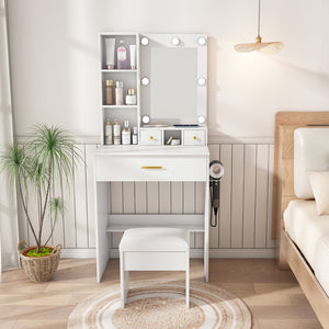 English Elm Vanity compact dressing desk with LED mirror, 3-color dimmable lights, drawers, stool, outlet White W2699P345800