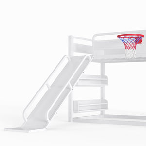 English Elm Twin Metal Loft Bed with Slide Basketball Hoop Climbing Wall and Built-in Shelves White W1580S00633