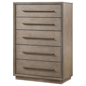 English Elm Prescott Taupe Oak Grain 5 Drawer Chest with Mitered Trim and Modern Bar Pulls B062P441125