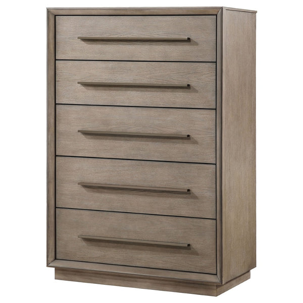 English Elm Prescott Taupe Oak Grain 5 Drawer Chest with Mitered Trim and Modern Bar Pulls B062P441125