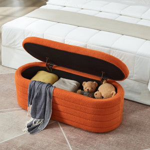 English Elm Modern Boucle Upholstered Oval Bench with Hinged Lid Storage for Bedroom Entryway Orange W2186P193119