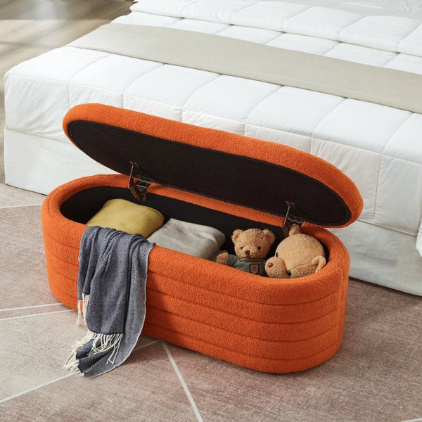 English Elm Modern Boucle Upholstered Oval Bench with Hinged Lid Storage for Bedroom Entryway Orange W2186P193119