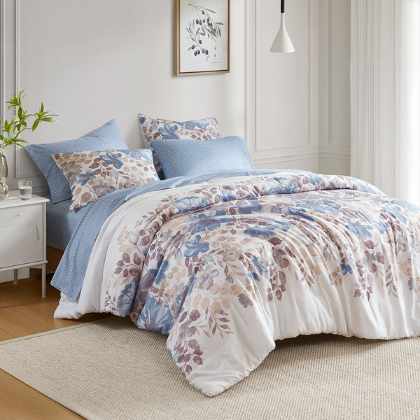 JLA Home Madison Park Essentials - Floral Watercolor Comforter Set with Lilac Diamond Sheets, Soft Cozy All-in-One Bedding Collection Blue MPE10-1059