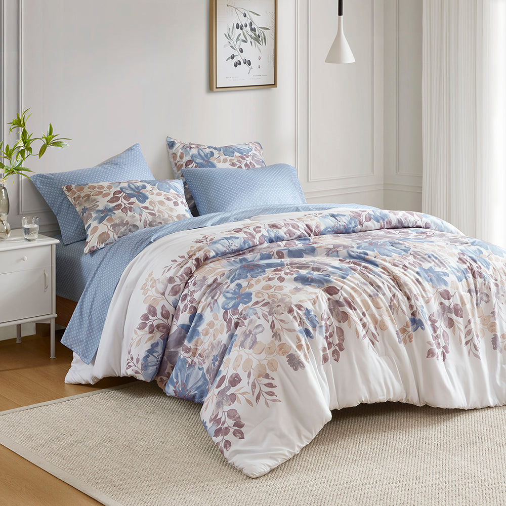 JLA Home Madison Park Essentials - Floral Watercolor Comforter Set with Coordinated Sheets, Soft Cozy Fabric, Machine Washable Retreat Blue MPE10-1062
