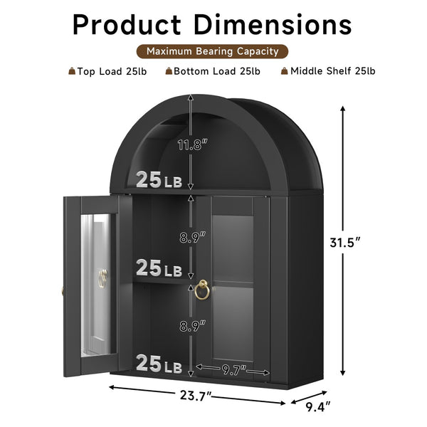 English Elm Wall Mounted Arched Cabinet Tempered Glass Doors Led Lighting Adjustable Shelves Bathroom Black T3210P471555