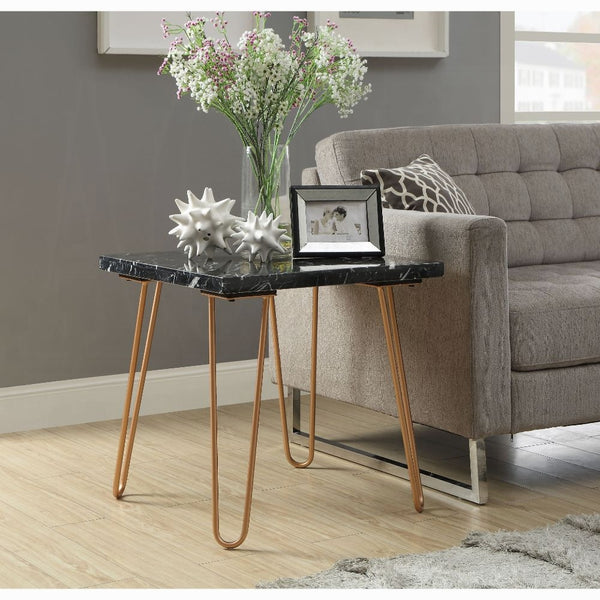 English Elm Modern Marble End Table with Luxurious Stone Top and Geometric Metal Legs for Chic Living Spaces Black,Gold 26 L x 38 W x 4 H B2741P337699