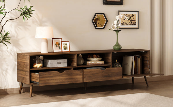 English Elm Mid Century TV Stand Natural Wood Grain with Drop-Down Door, 2 Drawers & 4 Cabinets, Cable-Managed Storage (Fits TVs up to 80") N710P295758P