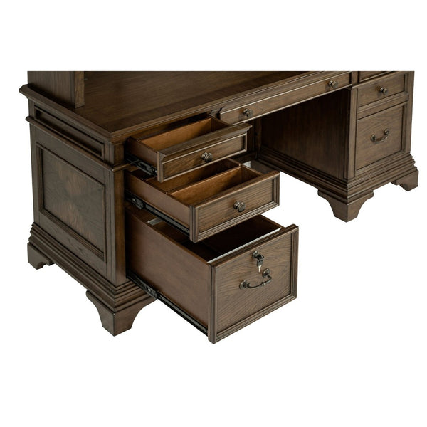 English Elm Stigham Burnished Oak 5-Drawer Credenza & Hutch Set - Elegant Workspace With Power & Storage Solutions B062S00801-GIGA