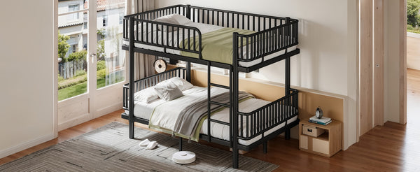 English Elm Twin Over Metal Bunk Bed with Led Lights Usb Ports Drawers and Sofa Conversion Black W5305S00070