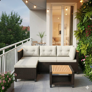English Elm 3-piece Outdoor Pe Rattan L-shaped Sectional with Acacia Storage Table for Patio Beige+Brown B082P455128
