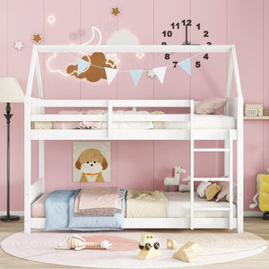 English Elm Twin Over Twin House Bunk Bed With Guardrails, Ladder & Cozy Floor Bed - White Rubberwood Design W504P227938-GIGA