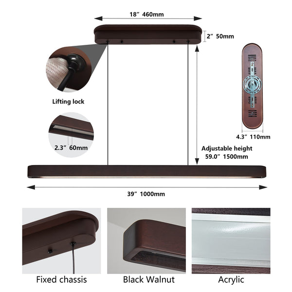 English Elm 39-Inch Walnut Wood Modern Led Pendant Light – Adjustable, Dimmable, Stylish Fixture For Any Space W2312P375017