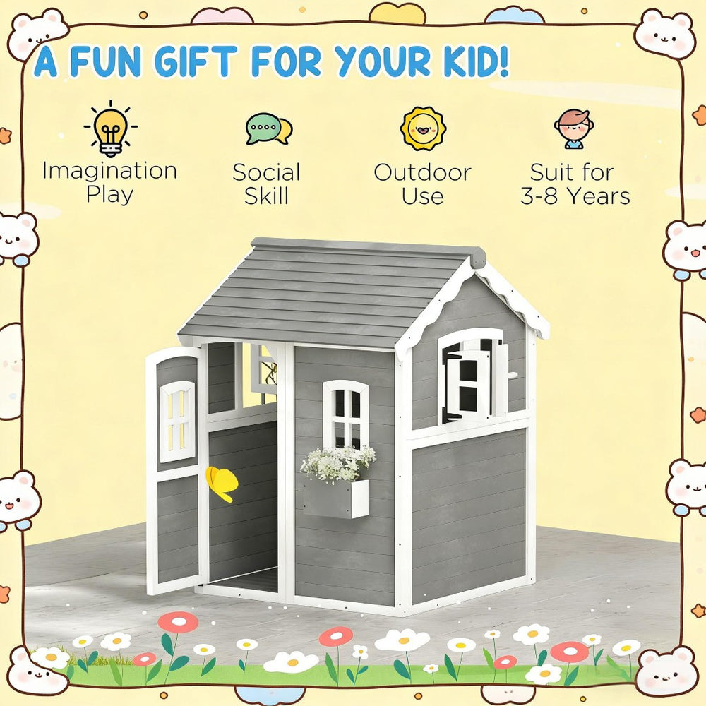 English Elm Toddlers Solid Fir Wood Cottage Playhouse with Windows and Plant Box for Backyard T3971P442846