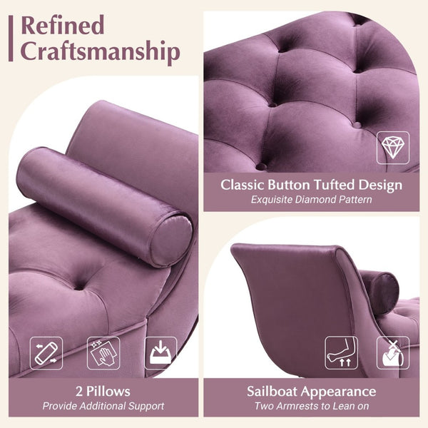 English Elm Upholstered Velvet Tufted Bench with Bolster Pillows Solid Oak Legs Bedroom Entryway Purple N761P304407P