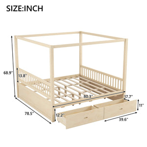 English Elm Wooden Canopy Queen Bed Solid Frame with Built-in Storage Drawers Slatted Base Natural N7090005037N