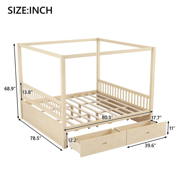 English Elm Wooden Canopy Queen Bed Solid Frame with Built-in Storage Drawers Slatted Base Natural N7090005037N