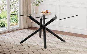 English Elm Large Tempered Glass Rectangular Dining Table Seats Six with Matte Black Metal Frame W1151S04538