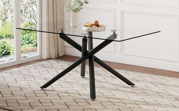 English Elm Large Tempered Glass Rectangular Dining Table Seats Six with Matte Black Metal Frame W1151S04538
