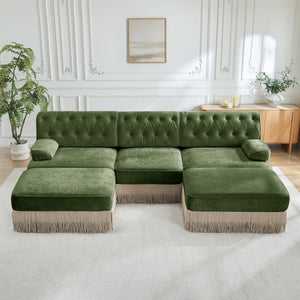English Elm U Shaped Velvet Chesterfield Sectional with Tufting Tassel Fringe Skirt Modular Living Room Sofa Green W714S01708