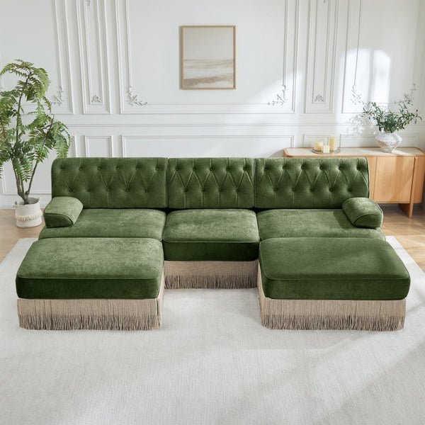 English Elm U Shaped Velvet Chesterfield Sectional with Tufting Tassel Fringe Skirt Modular Living Room Sofa Green W714S01708
