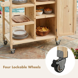 English Elm Foldable Outdoor Kitchen Cart with Stainless Worktop Fir Wood Frame and Lockable Wheels Natural N719P380281N