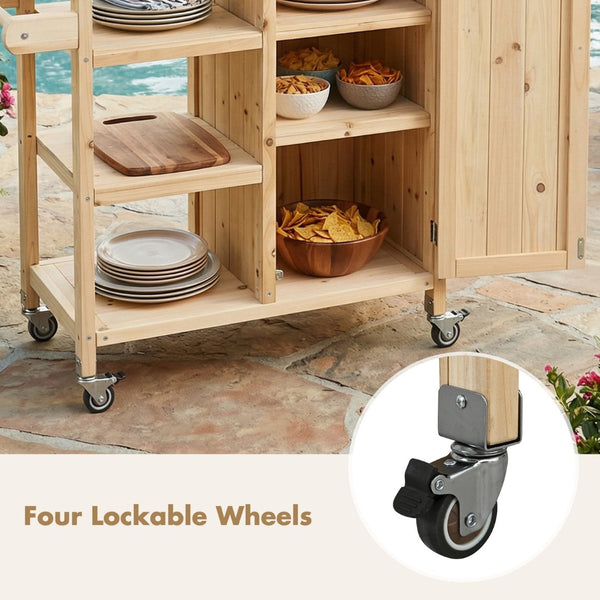 English Elm Foldable Outdoor Kitchen Cart with Stainless Worktop Fir Wood Frame and Lockable Wheels Natural N719P380281N