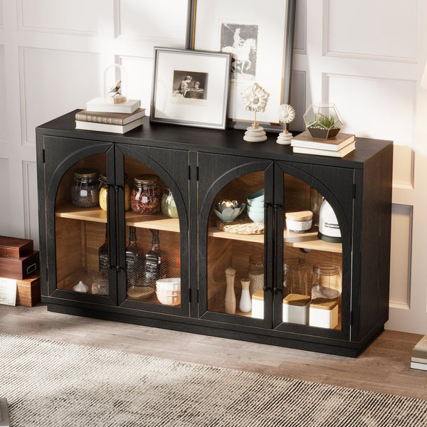 English Elm Trexm Arched Glass Door Buffet Sideboard Oak Veneer Storage Cabinet for Dining Room Black XW000021AAB-2026