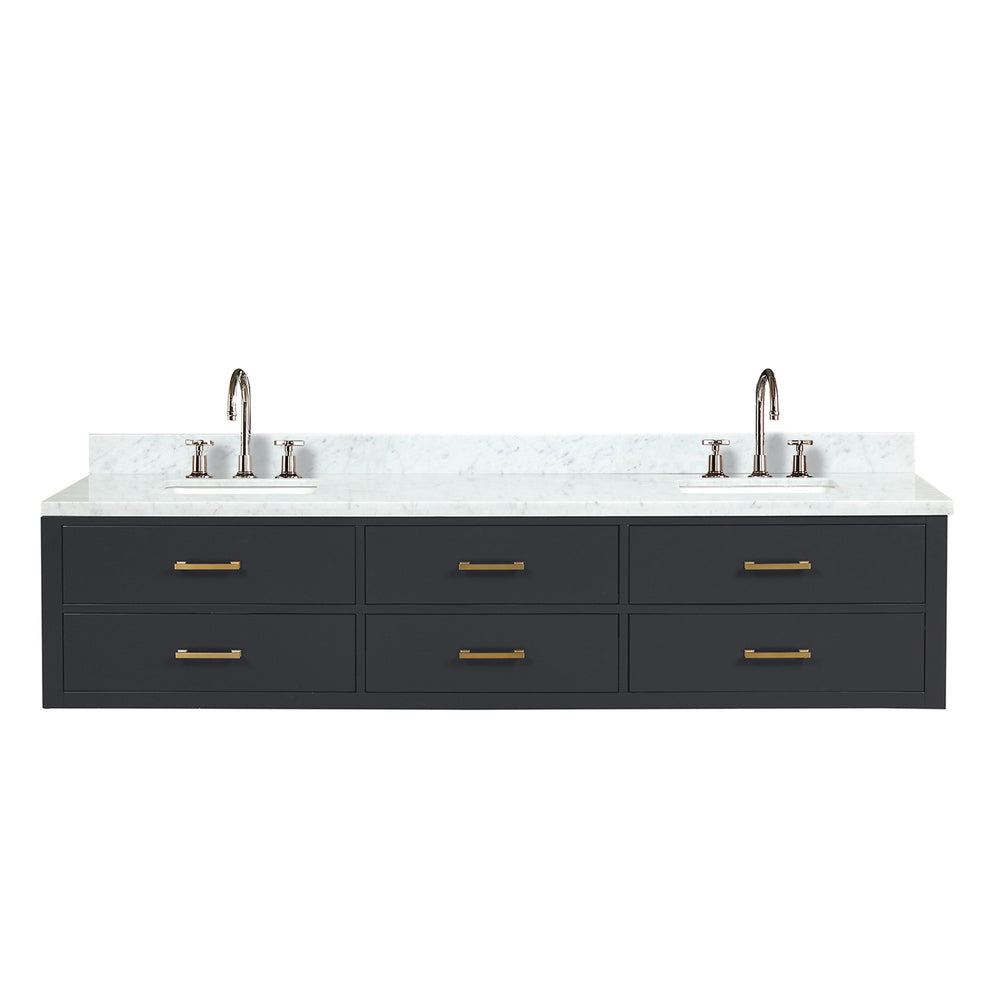 English Elm Black Double Bath Vanity 84" W x 22" D with Carrara Marble Top, Chrome Gooseneck Faucets, Soft-Close cabinetry B2731P258138